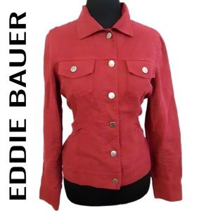 Eddie Bauer Women's Petite Medium Blazer Jacket Button Down Burgundy 100% Linen